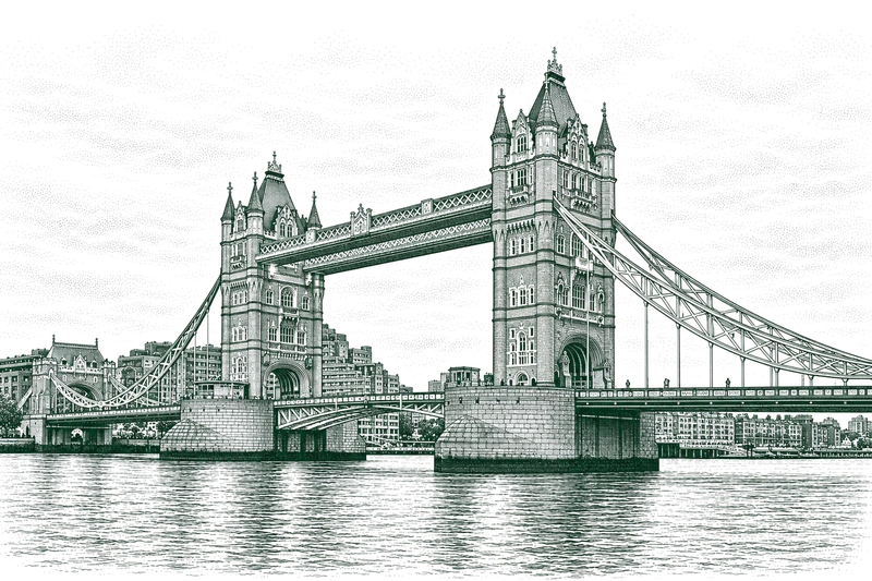 Engraving of Tower Bridge, London, from the river