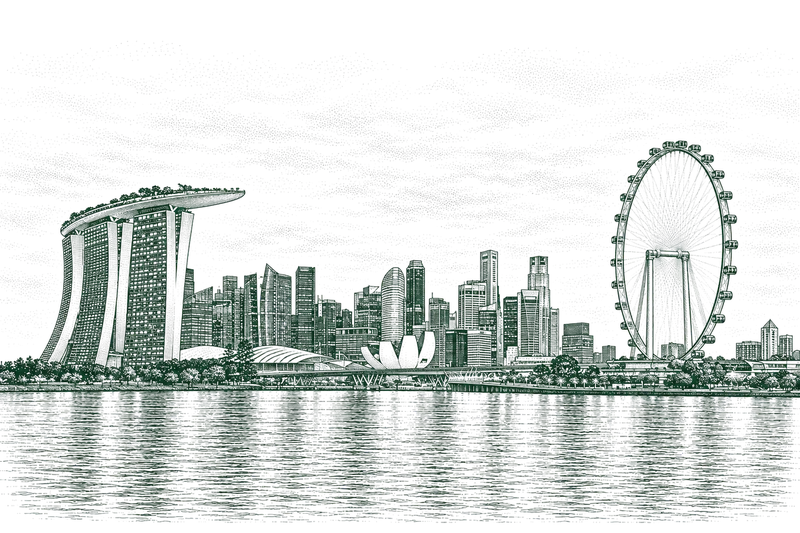 Engraving of the Singapore skyline across Marina Bay